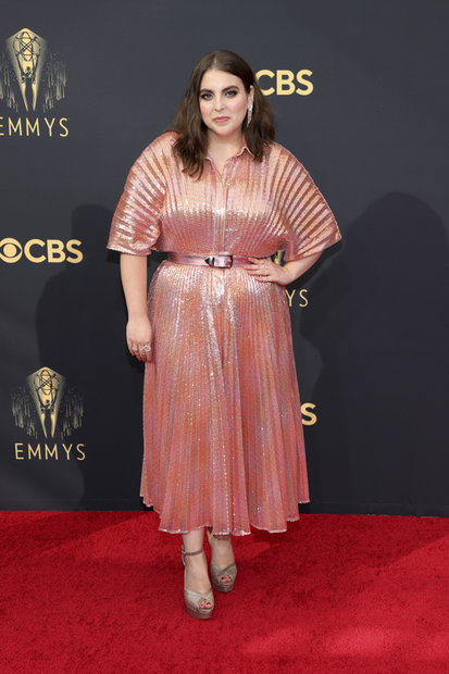 Beanie Feldstein in a peech dress on Emmy