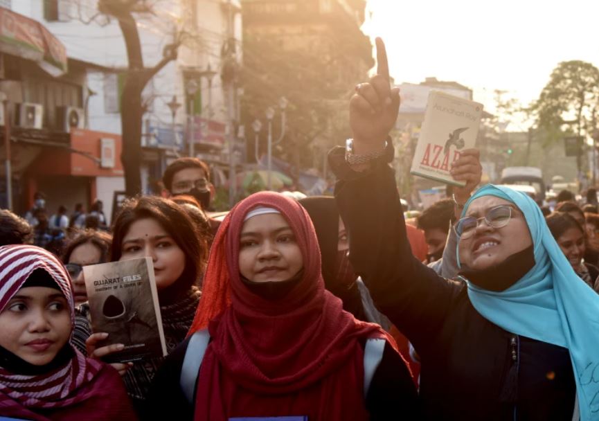 Indian  students protesting a hijab ban