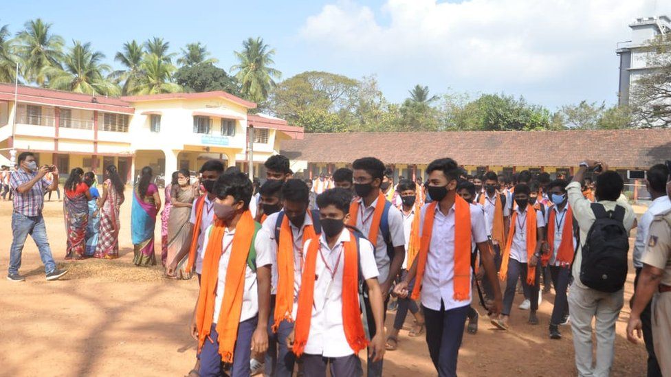 Indian hindu students protesting protests against a hijab ban