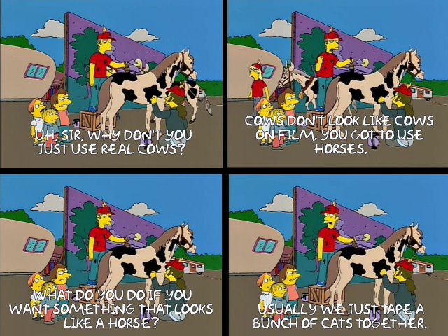 bart asking why cows don't look like cows on movies and getting answer that they just don't look the same