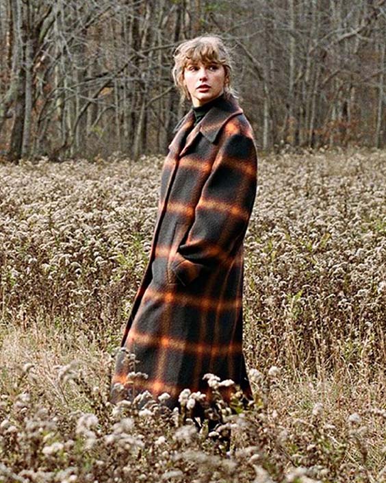 Taylor Swift in a plaid coat for  Folklore photoshoot