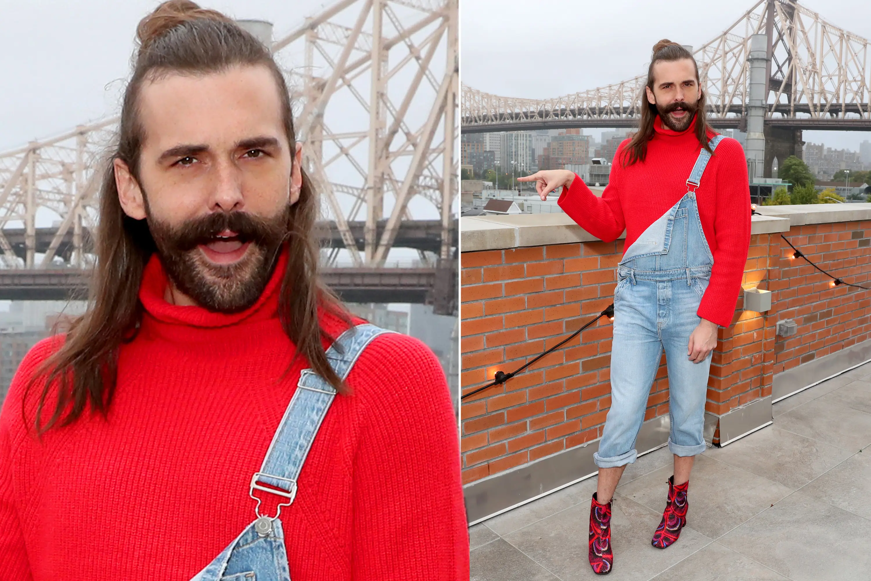 a man in denim overall, heels and red sweater