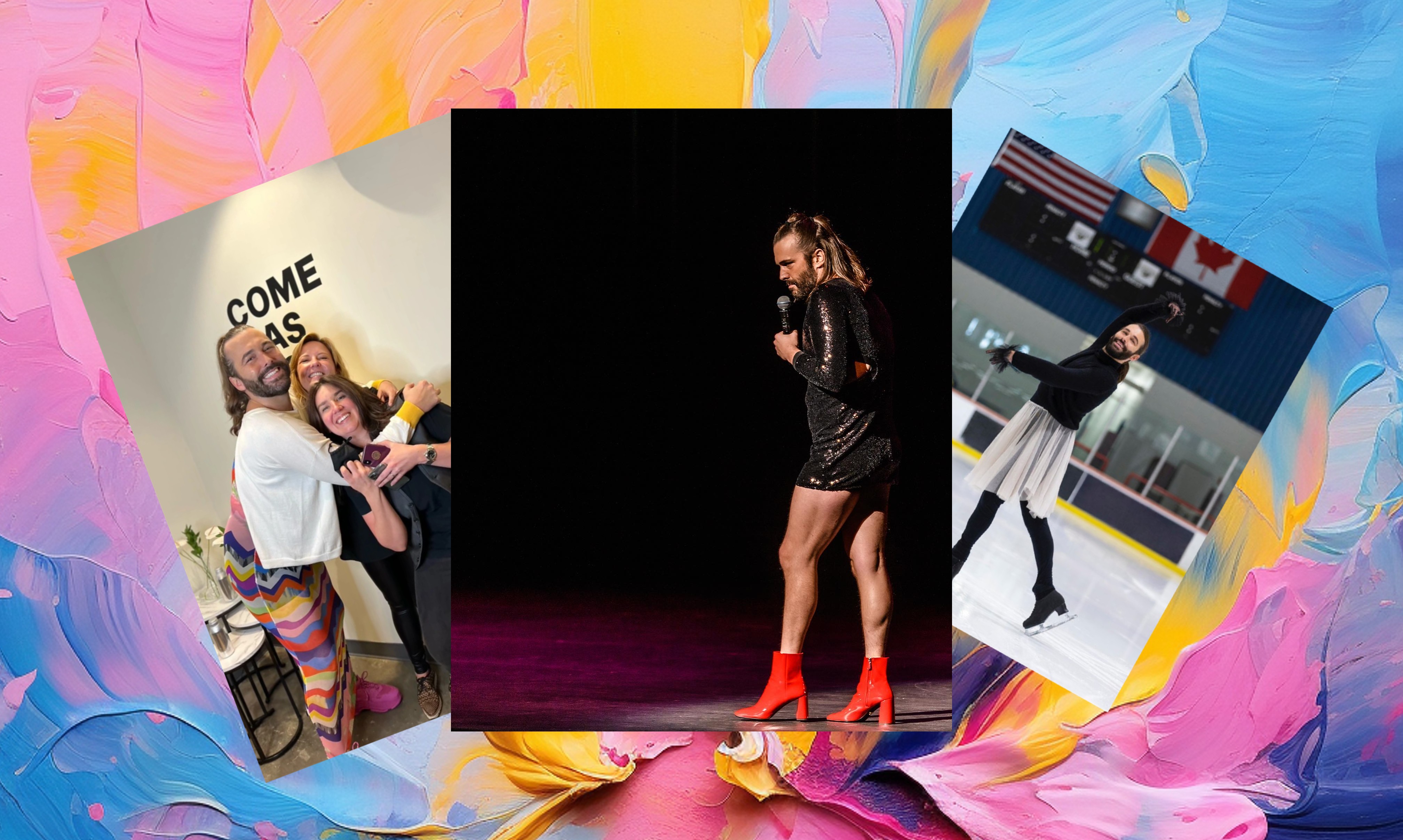 Jonathan Van Ness with fans, skating in a skirt, and wearing red boots